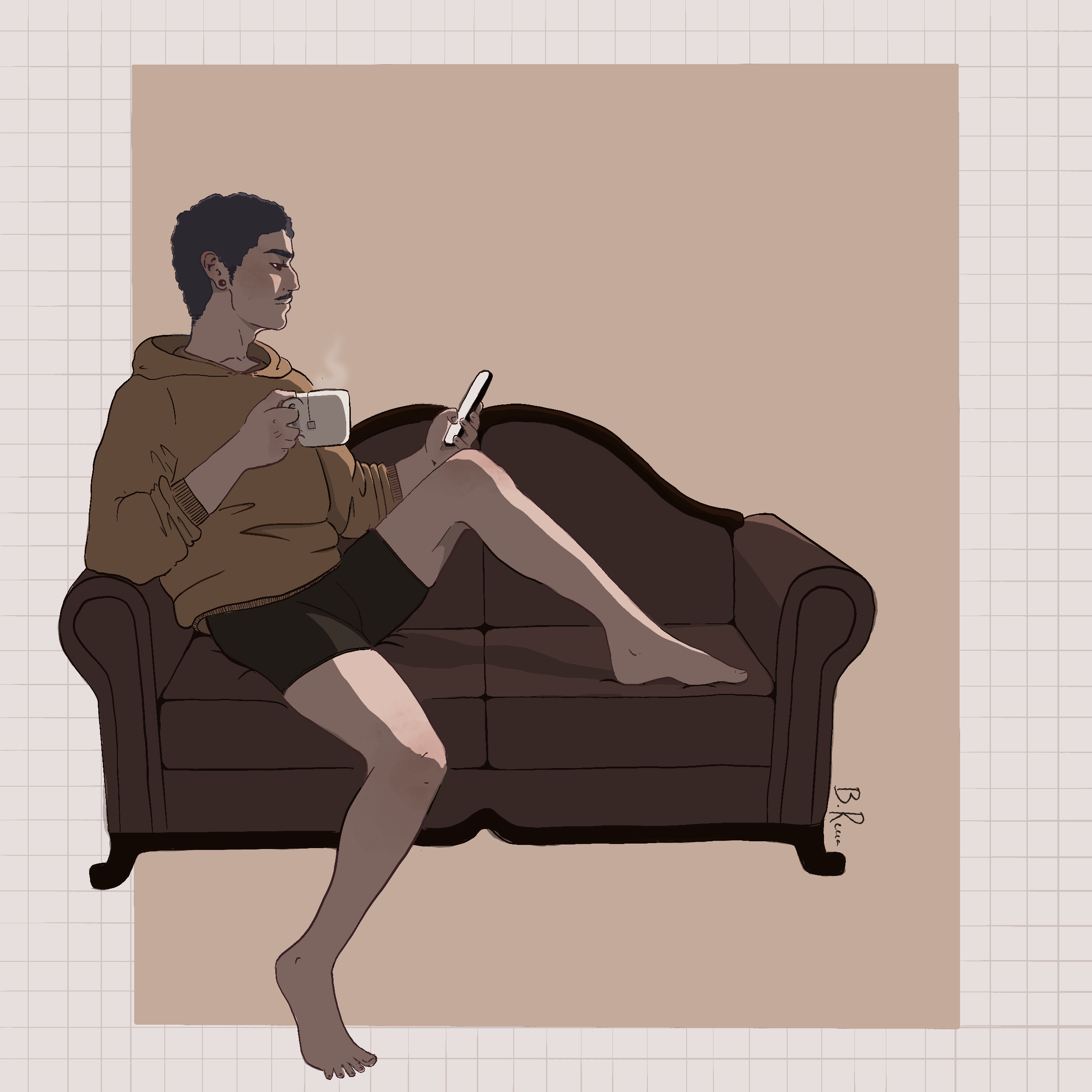 Illustartion of a person sitting on a couch with a cup of tea and scrolling through their phone.