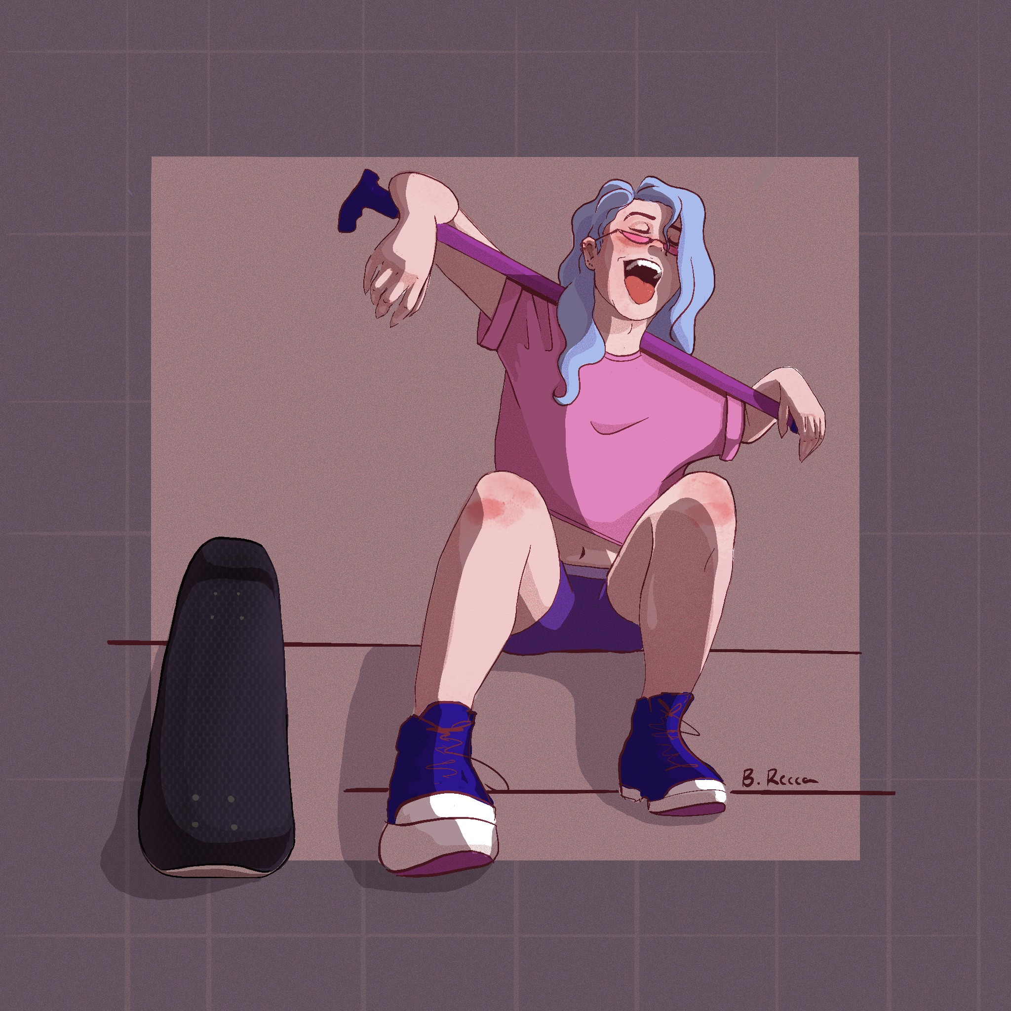 Illustration of a skateboarder with a cane taking a rest and absorbing the sun shine.