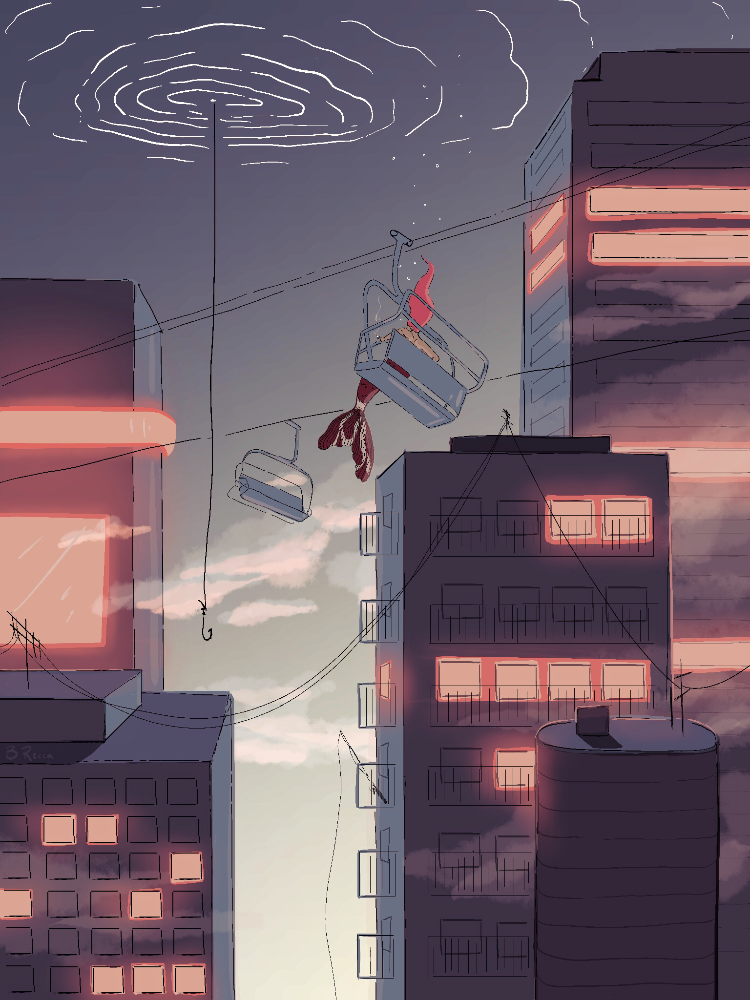 Illustartion of a merman on a ski lift riding through an underwater, neon city scape.